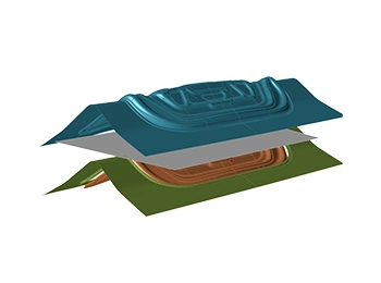 Altair Inspire Form sheet metal forming simulation, analysing material flow, thinning, and potential defects in the stamping process.