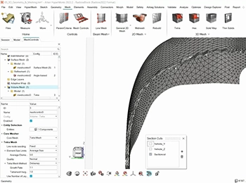 Altair HyperMesh showcasing advanced meshing, featuring a 3D model with precise mesh elements applied to the structure for accurate simulation analysis.