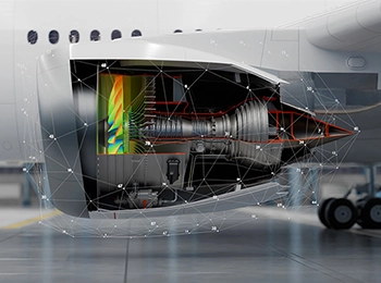 Altair HyperWorks simulation of a plane turbine, displaying an internal view with detailed aerodynamic analysis of the turbine's components.