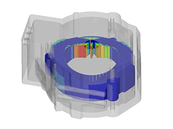 Altair OptiStruct electric motor simulation, illustrating internal components with stress analysis for enhanced motor efficiency and performance.
