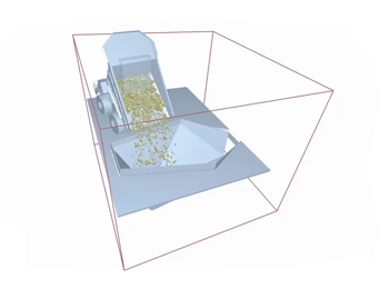 A 3D simulation showcasing particle movement within an industrial process using Altair EDEM DEM, highlighting realistic material behavior in engineering applications.