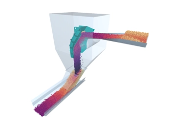 Screenshot of the Altair EDEM DEM interface, showing a simulation setup with detailed parameters for analysing granular material behavior in different environments.