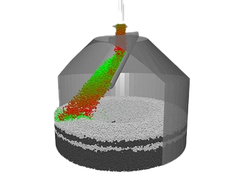 A simulation depicting bulk material flow inside processing equipment, illustrating how Altair EDEM DEM optimises equipment design for mining, agriculture, and manufacturing.