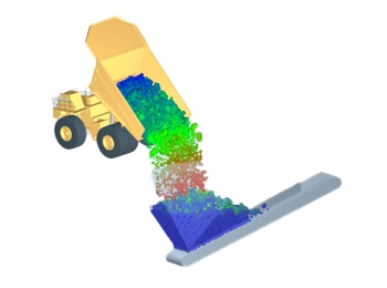 A visualisation of a dump truck releasing granular materials, demonstrating Altair EDEM DEM’s ability to simulate bulk material behavior and interactions with heavy machinery.