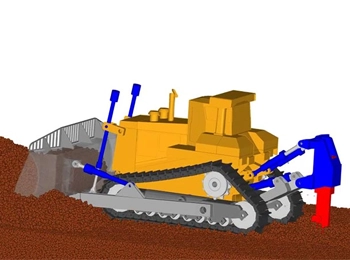 Altair EDEM simulation of an excavator interacting with soil, evaluating digging efficiency and material displacement in real-world conditions.