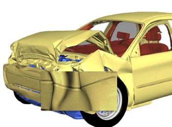 Altair Radioss crash simulation demonstrating vehicle impact testing with detailed material deformation analysis.