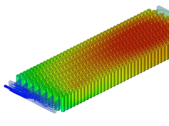 Altair SimLab thermal and fluid simulation analysing heat transfer and airflow within a complex mechanical system.