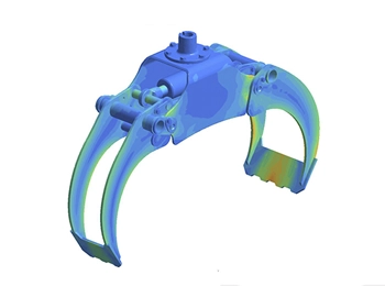 Altair SimSolid structural analysis of a grapple assembly, showcasing stress distribution and real-time simulation results.