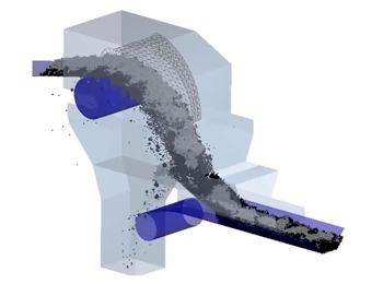 Altair EDEM BulkSim simulation of bulk material flow in a transfer chute. The image showcases a high-resolution simulation analysing particle movement and impact zones, optimising chute design for minimal wear and material loss.
