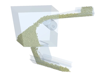 Opacity settings in Altair EDEM BulkSim displaying bulk material simulation. The image highlights how transparency adjustments help visualise material interactions within a system, aiding in the assessment of flow patterns and system performance.