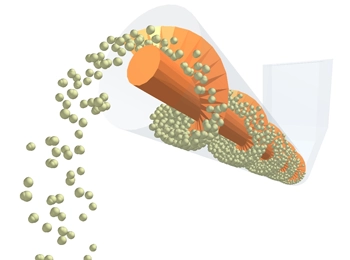 Altair EDEM BulkSim colour geometry settings for bulk material flow analysis. The image showcases a model with different colour-coded sections to highlight particle interactions, aiding engineers in optimising bulk material handling designs.