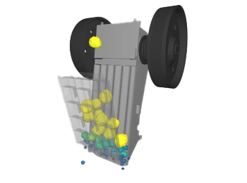 Altair EDEM BulkSim simulation of a jaw crusher processing bulk materials. The image shows how granular materials are crushed, demonstrating the software’s ability to analyse wear, throughput, and particle distribution in material processing.