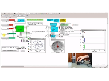 Altair Embed real-time simulation interface – A 3D-rendered interface within Altair Embed, displaying real-time simulation of an embedded system, illustrating signal processing and control logic.