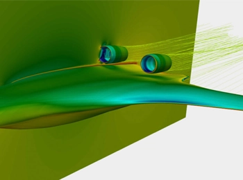 A CFD-based external flow simulation, visualising airflow behaviour over an aircraft wing, helping engineers enhance aerodynamic performance and lift distribution.