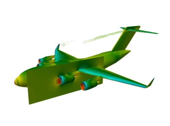 A detailed airflow simulation over an aircraft body, showcasing pressure distribution and vortex patterns to improve aerodynamic efficiency.