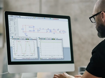 Altair PSIM power electronics simulation and analysis. The image showcases a power system simulation with various electrical components, illustrating PSIM’s capabilities in circuit design, control system development, and efficiency optimisation.
