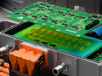 Altair PollEx PCB design and analysis for circuit board validation. The image displays a complex printed circuit board layout, demonstrating PollEx’s capabilities in schematic review, design verification, and signal integrity analysis.