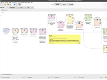 A visual data processing environment, displaying an automated machine learning (AutoML) workflow that simplifies data preparation, model selection, and performance analysis.